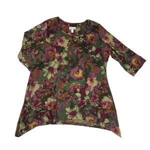Denim & Co. Sharkbite Top 3/4 Sleeve Floral Crew Neck Casual Multicolor Women 1X
